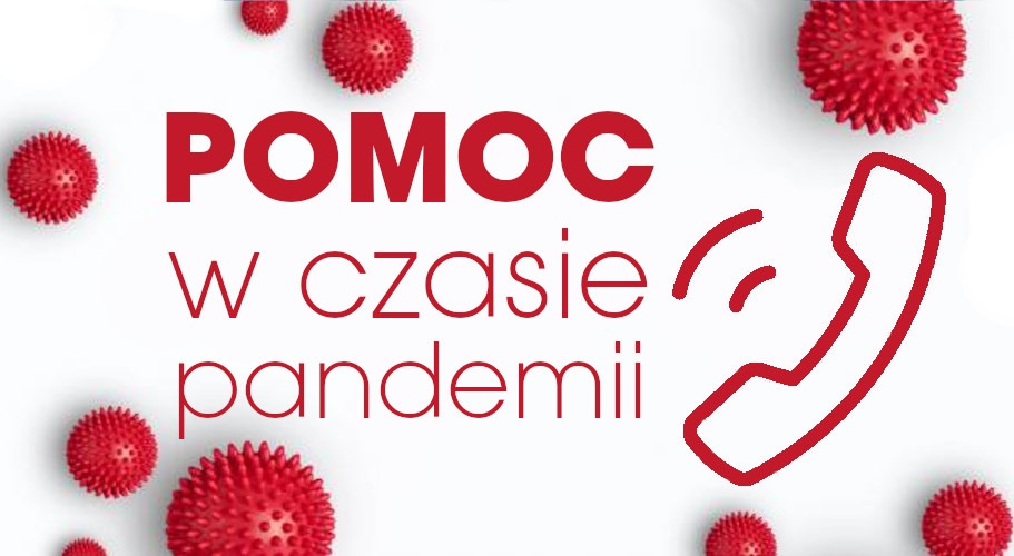 Grafika z napisem 'POMOC w czasie pandemii' oraz ikoną telefonu, otoczona czerwonymi kulkami przypominającymi wirusy.