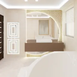 Wizualizacja jasnej łazienki z wanną, umywalką na brązowym blacie, dekoracyjną mozaiką w kształcie plastra miodu i podświetlonym lustrem w kształcie łuku.