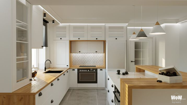 Jasna kuchnia w stylu skandynawskim z drewnianymi blatami, czarnymi akcentami i geometrycznym wzorem na ścianie nad kuchenką, oświetlona wiszącymi lampami i listwami LED.