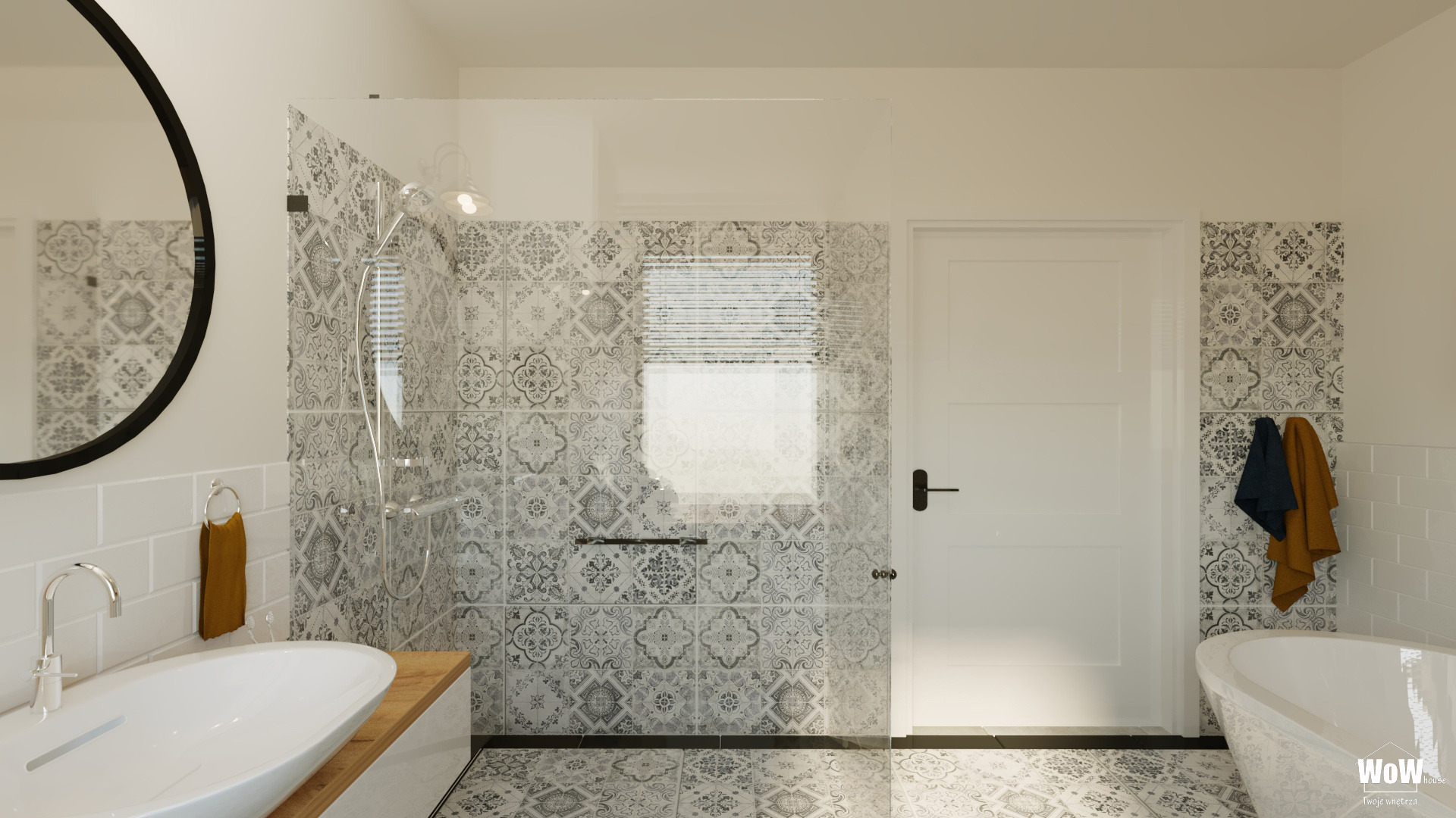 Nowoczesna łazienka z owalną umywalką na drewnianym blacie, kabiną prysznicową ze szklaną ścianką i białymi płytkami z szarym wzorem, okrągłym lustrem w czarnej ramie oraz białą wanną wolnostojącą