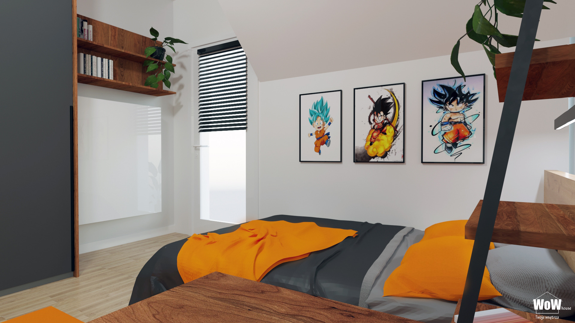 Pokój młodzieżowy z łóżkiem, drewnianą półką i trzema plakatami z postaciami z Dragon Ball, oświetlony naturalnym światłem z okna z żaluzjami.