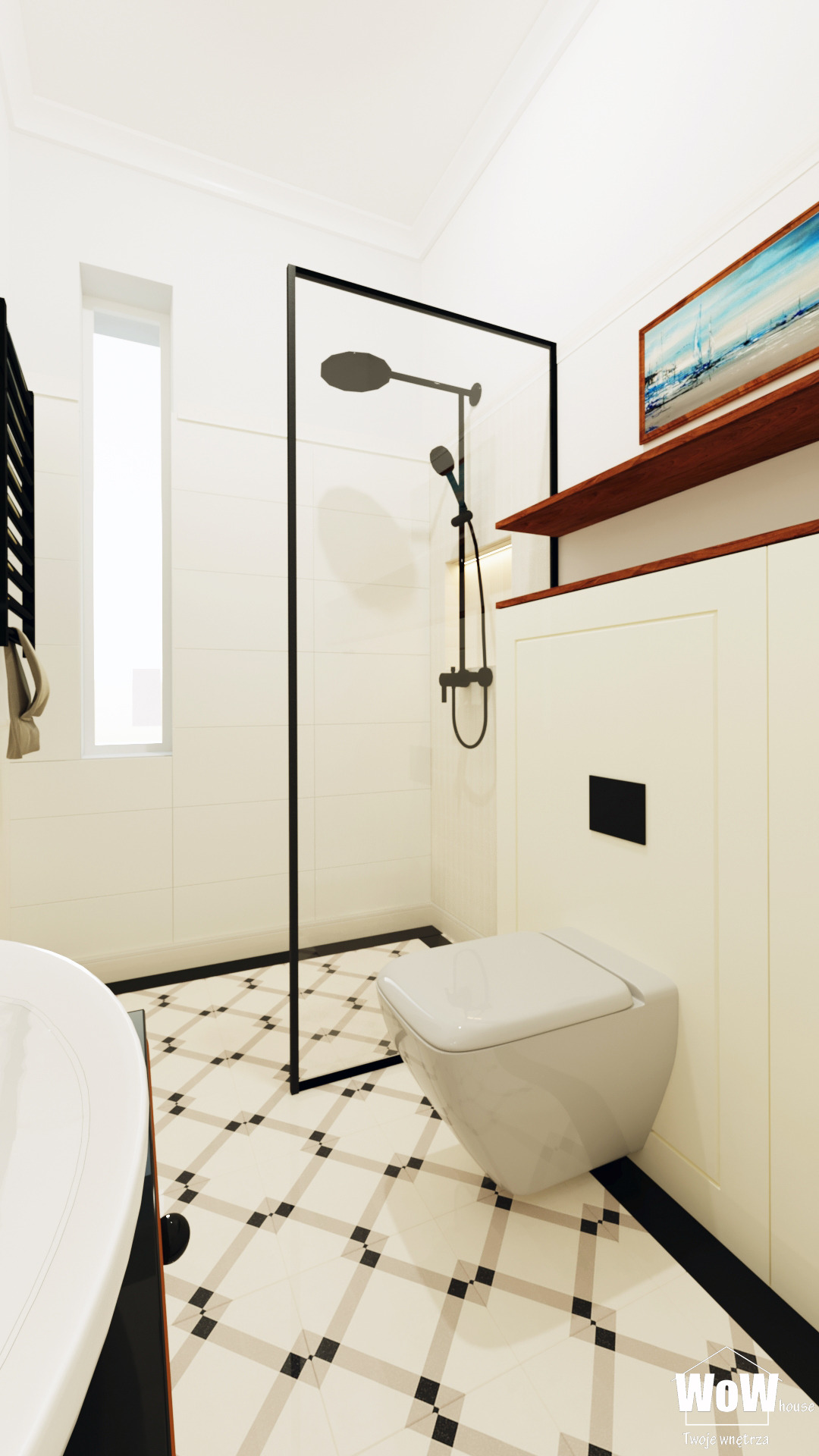 Biała łazienka z kabiną prysznicową typu walk-in, wiszącą toaletą i podłogą w czarno-białą kratę, akcentowana drewnianą półką i obrazem.