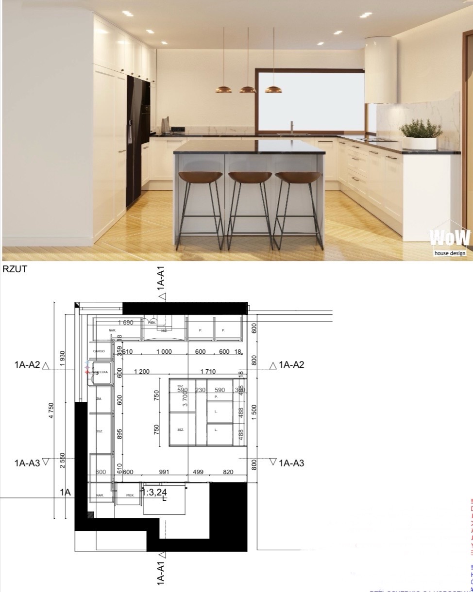 Wizualizacja kuchni z wyspą i planem technicznym. Białe szafki, drewniany parkiet, trzy hokery przy wyspie. Widoczne wymiary i oznaczenia na planie. Nowoczesny design.
