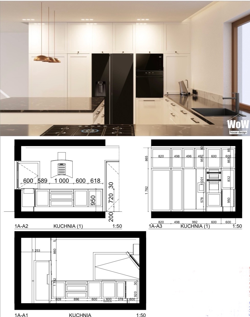 Wizualizacja kuchni na wymiar z białymi szafkami, czarnym sprzętem AGD i planami technicznymi. Projekt kuchni z wyspą i oświetleniem wiszącym.
