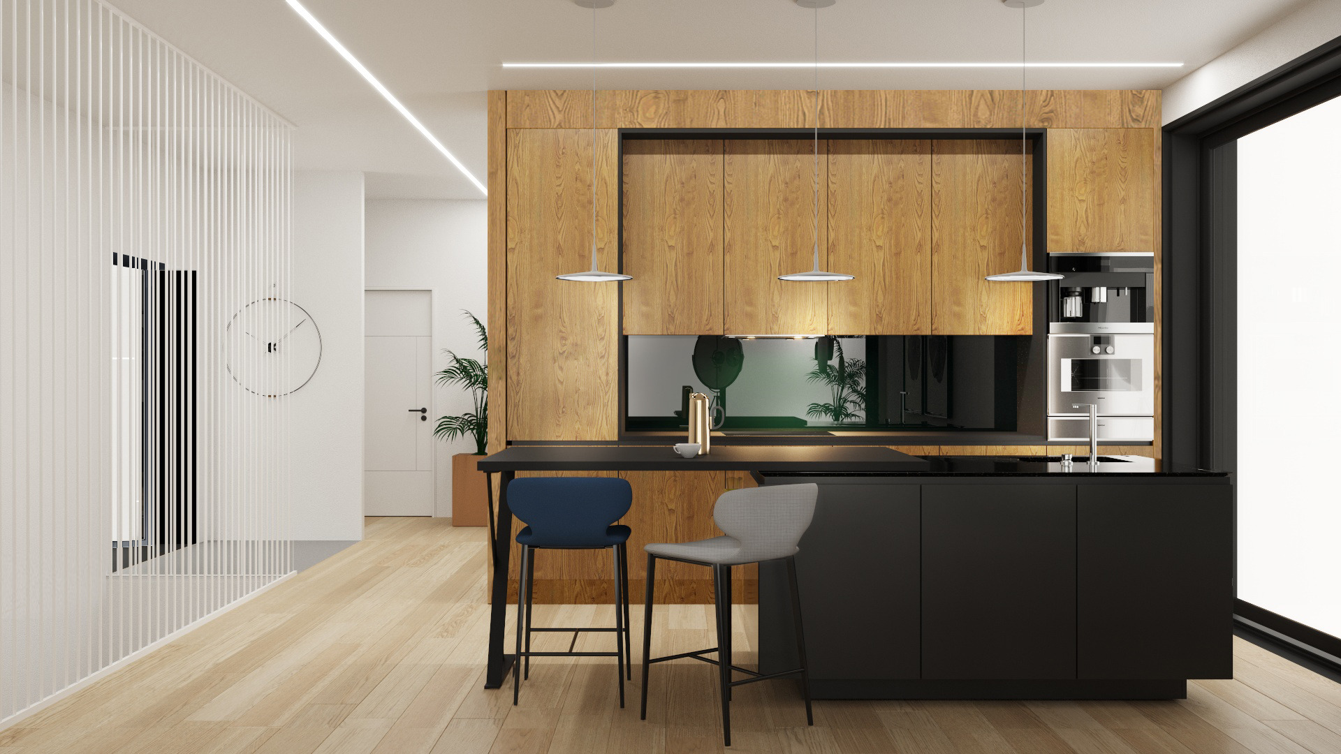 Nowoczesna kuchnia z drewnianymi szafkami, czarnym blatem i dwiema designerskimi krzesłami barowymi, oświetlona minimalistycznymi lampami wiszącymi. W tle widoczna ścianka działowa z białych...