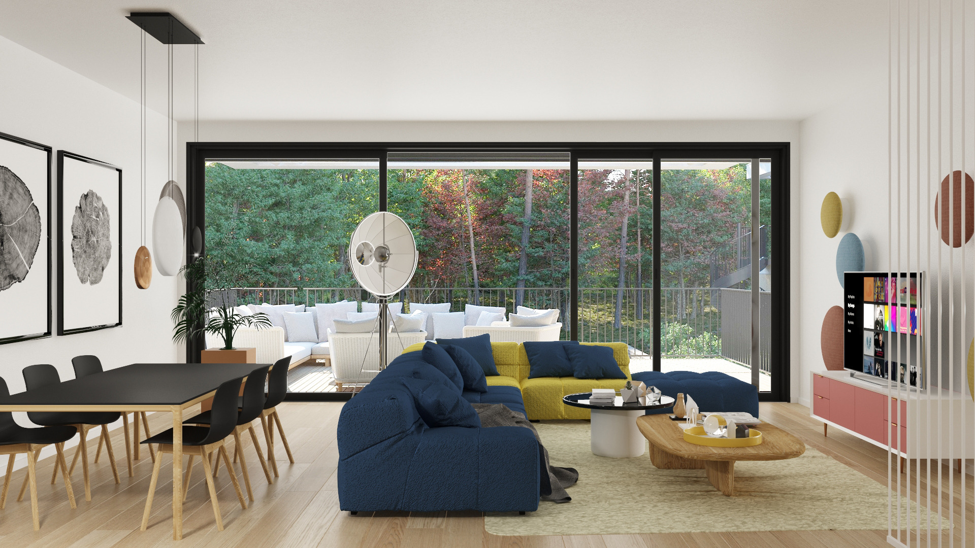 Wnętrze przestronnego salonu z wyjściem na taras, dominują odcienie niebieskiego i żółtego, nowoczesne meble, drewniany stół jadalny z czarnymi krzesłami i minimalistyczne grafiki na ścianie.