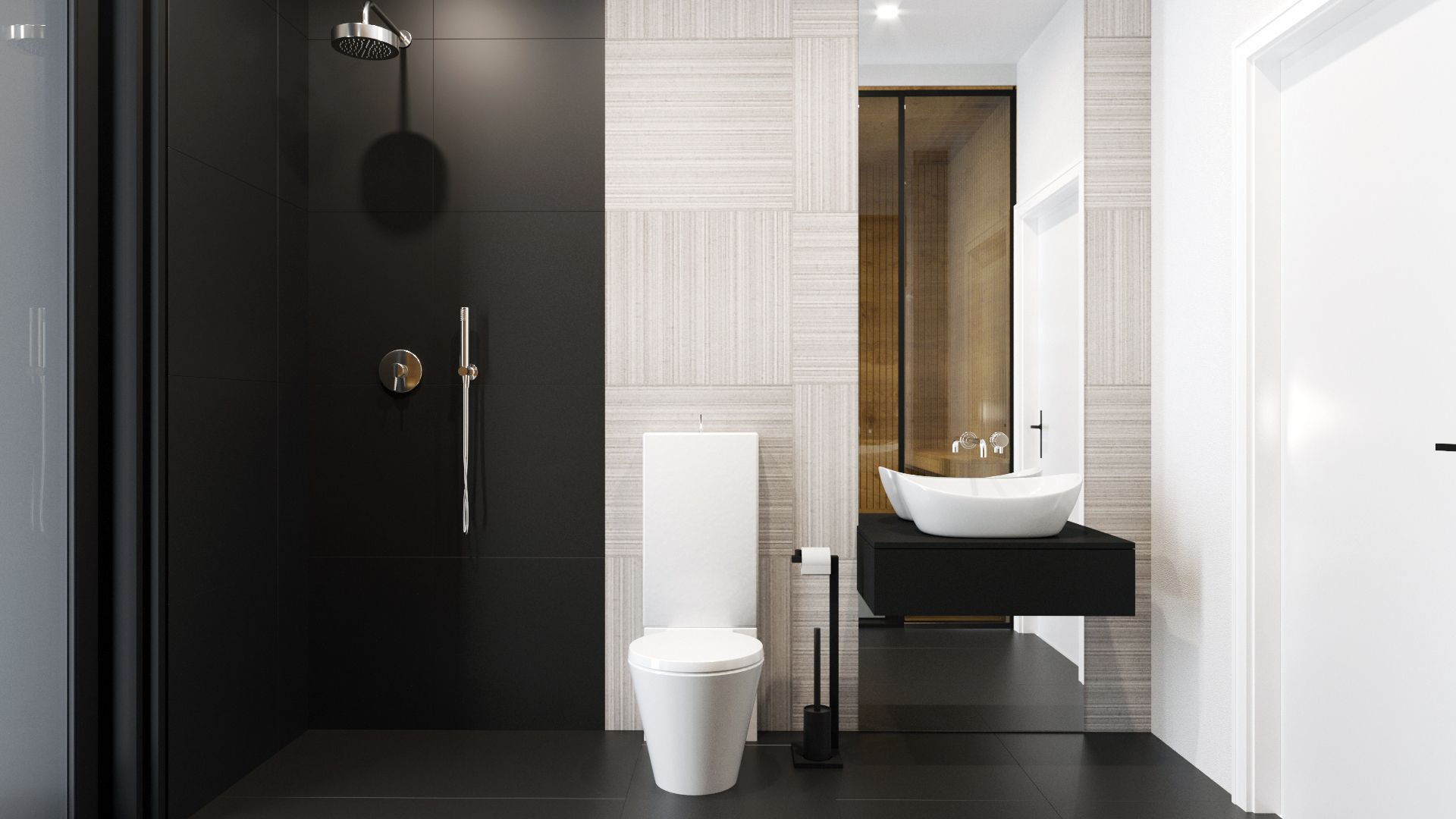 Nowoczesna łazienka z czarno-białymi płytkami, kabiną prysznicową typu walk-in z deszczownicą i umywalką nablatową na czarnej szafce.