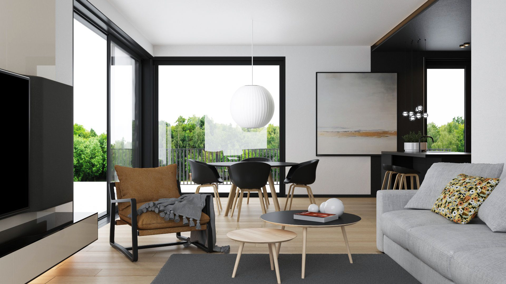 Jasne, nowoczesne wnętrze z dużym oknem balkonowym, okrągłym stołem jadalnym z czarnymi krzesłami, szarą sofą z wzorzystą poduszką i skórzanym fotelem z szarym pledem, oświetlone wiszącą kulistą...