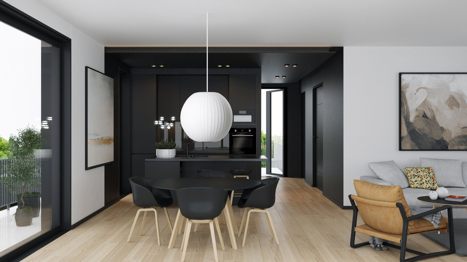 Nowoczesne wnętrze: czarna kuchnia z okrągłym stołem i krzesłami na jasnej drewnianej podłodze, widok na balkon z zielenią, minimalistyczny salon z szarą sofą i fotel w odcieniach brązu.