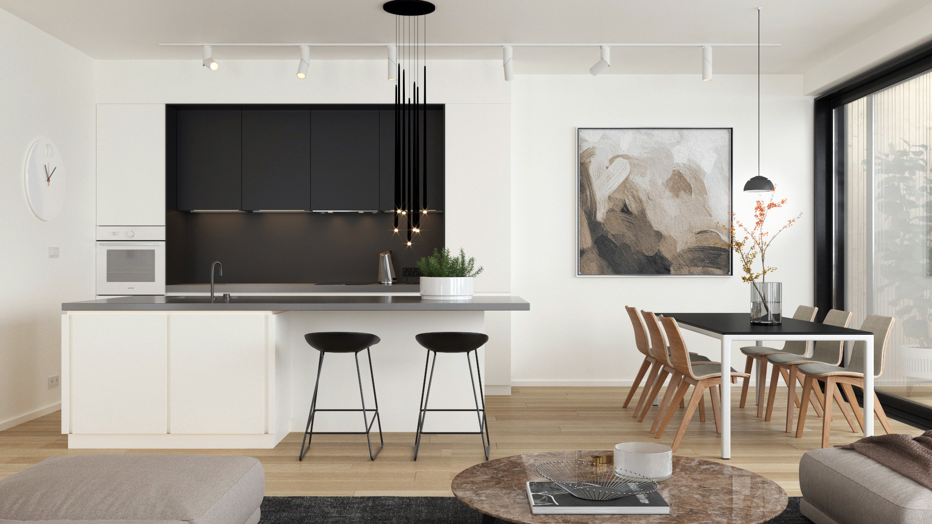 Nowoczesna kuchnia z czarnymi szafkami, wyspą z szarym blatem i dwoma czarnymi hokerami, oświetlona listwą z reflektorami, z jadalnią z czarnym stołem i drewnianymi krzesłami w tle, ozdobiona...