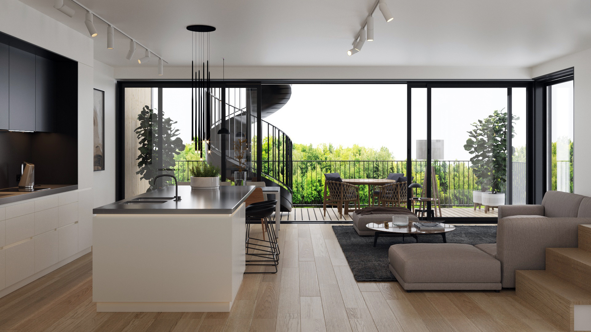 Nowoczesne wnętrze apartamentu z otwartą kuchnią, wyspą, spiralnymi schodami na balkon z widokiem na zieleń, oświetleniem punktowym i szarą sofą.