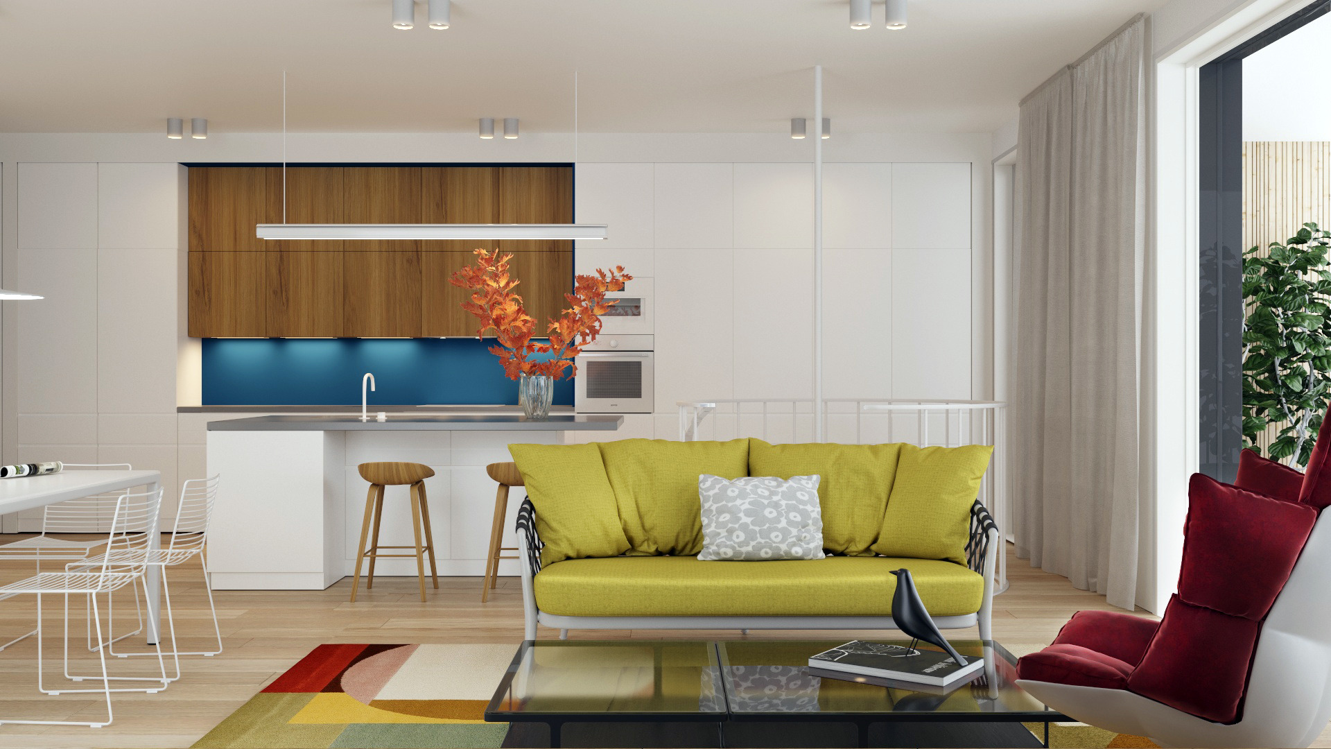 Nowoczesne wnętrze mieszkania z otwartą kuchnią, żółtą sofą, czerwonym fotelem i drewnianymi akcentami, oświetlone światłem dziennym wpadającym przez okno balkonowe.