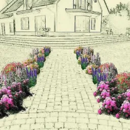 Szkic projektu ogrodu z kwitnącymi rabatami wzdłuż ścieżki prowadzącej do domu, z widocznym samochodem w tle.