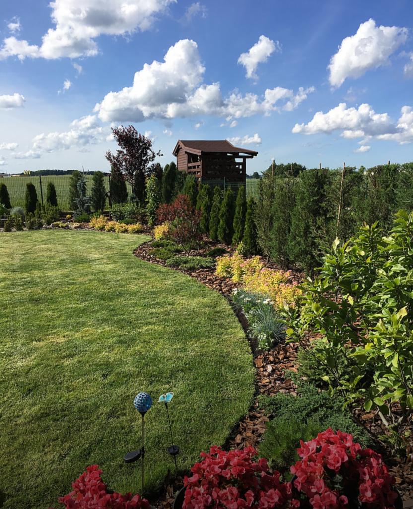 Utrzymany trawnik z zakrzywioną rabatą kwiatową, obrzeżem z kory i drewnianą altaną w tle, widok w słoneczny dzień.