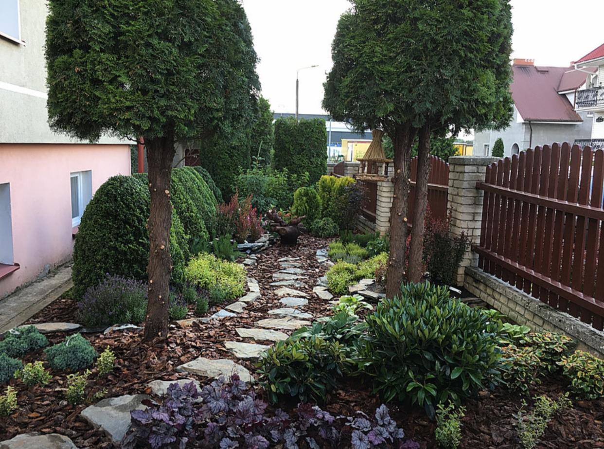 Uporządkowany ogród z kamienną ścieżką, drzewami formowanymi w kulę, korą drzewną i różnorodną roślinnością, w tle budynek z różową elewacją i drewniany płot.