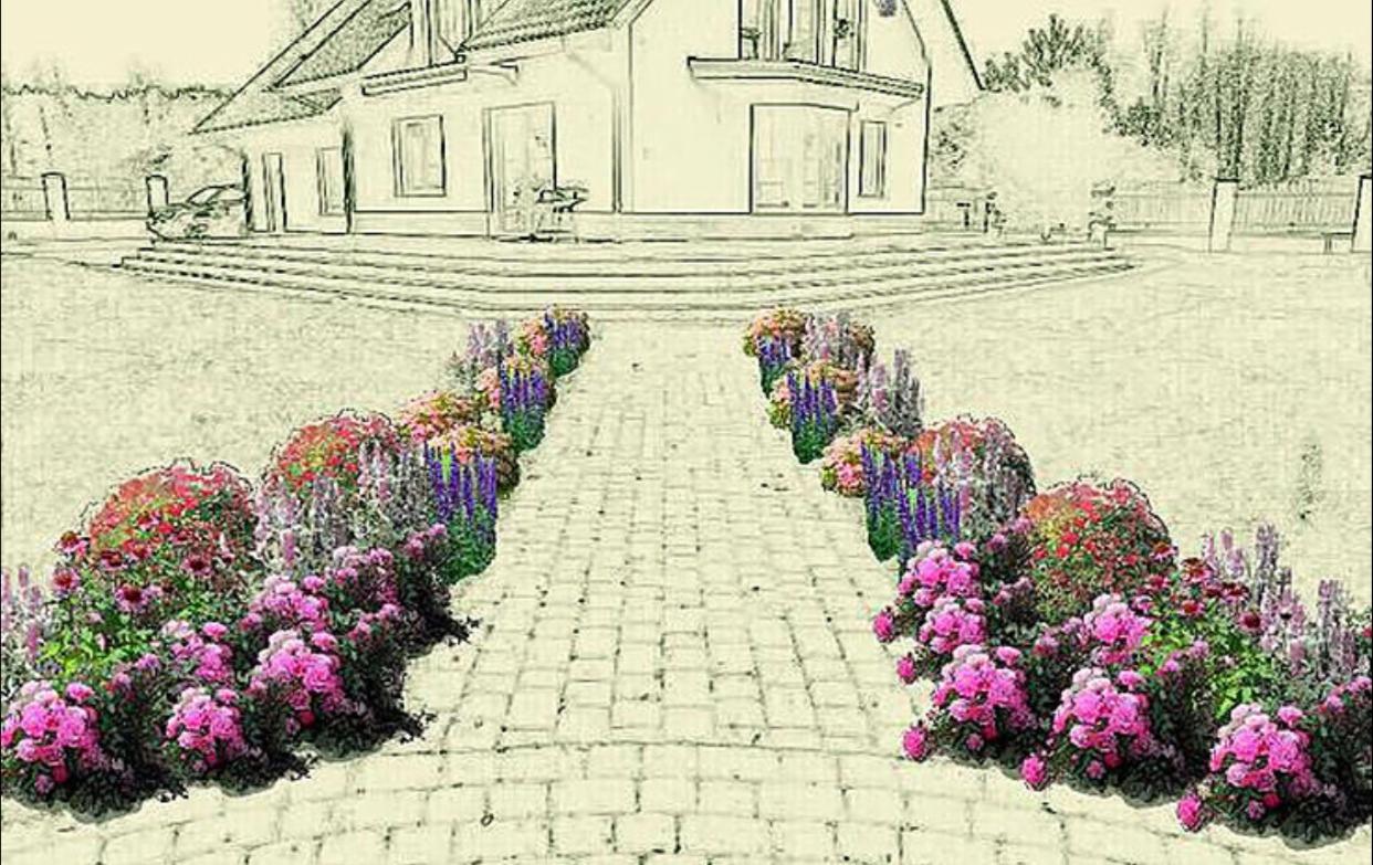 Szkic projektu ogrodu z kwitnącymi rabatami wzdłuż ścieżki prowadzącej do domu, z widocznym samochodem w tle.