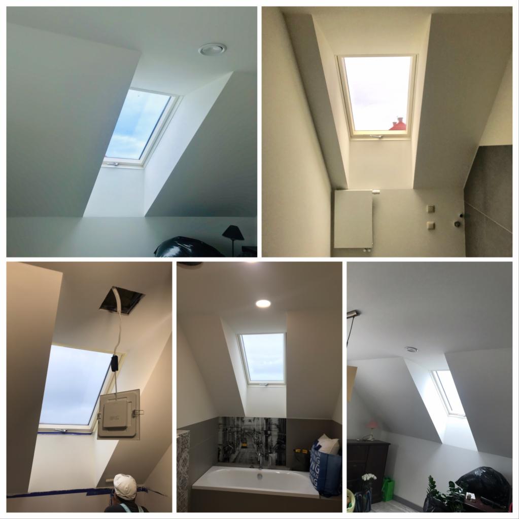 Poddasze po remoncie: okna dachowe, białe ściany, częściowo wykończona łazienka z wanną i dekoracyjną mozaiką, widoczne ślady po montażu oświetlenia w suficie.