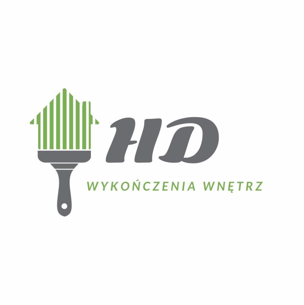 Logo firmy HD Wykończenia Wnętrz: pędzel z zielonymi włosami ułożonymi w kształt domu