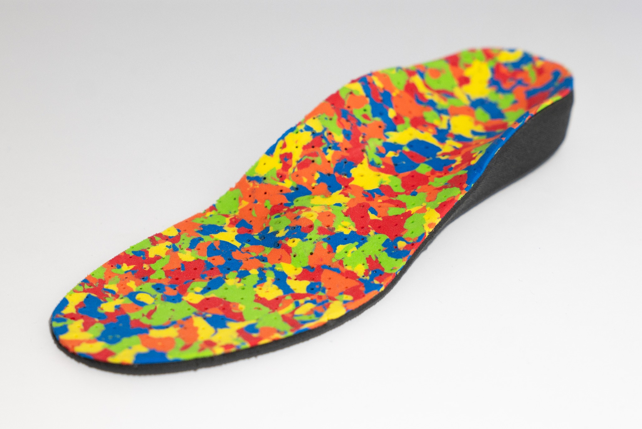 Kolorowa wkładka ortopedyczna z perforacją, leżąca na białym tle. Wkładka ma czarny spód i wielobarwną, wzorzystą górę w odcieniach czerwieni, żółci, zieleni i niebieskiego.