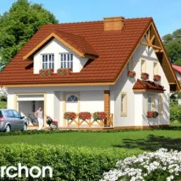 Dwukondygnacyjny dom z garażem w bryle, pokryty czerwoną dachówką, z balkonem ozdobionym skrzynkami z kwiatami, widoczny samochód osobowy i osoba na podjeździe.