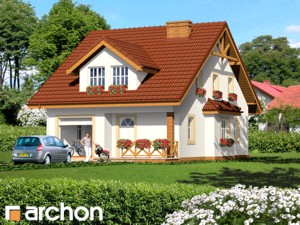 Dwukondygnacyjny dom z garażem w bryle, pokryty czerwoną dachówką, z balkonem ozdobionym skrzynkami z kwiatami, widoczny samochód osobowy i osoba na podjeździe.