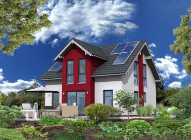 Dwukondygnacyjny dom z czerwonym akcentem, panelami słonecznymi na dachu i tarasem ogrodowym.