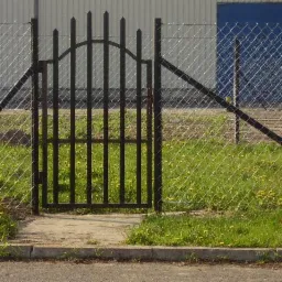 Czarna furtka z pionowymi prętami i łukiem u góry, wkomponowana w ogrodzenie z siatki, na tle hali przemysłowej z niebieską bramą.