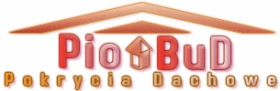 Logo firmy PioBud Pokrycia Dachowe z motywem dachu w kolorach czerwieni i pomarańczy.
