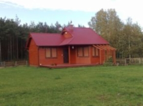 Mały, brązowy domek z czerwonym dachem na zielonej łące, otoczony drzewami. Widoczna antena satelitarna na dachu. Dom z drewna.