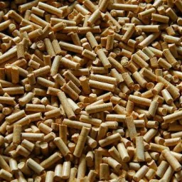 Jasne, cylindryczne granulki paliwa ułożone gęsto, widoczne drobne nierówności powierzchni i różnice w odcieniach, tworzące jednolitą teksturę