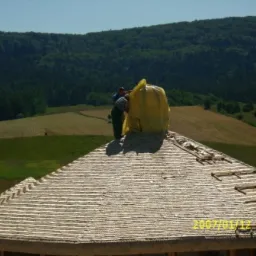 Dw&oacute;ch mężczyzn pracuje na okrągłym dachu pokrytym strzechą, zabezpieczając komin ż&oacute;łtą folią na tle pag&oacute;rkowatego krajobrazu z lasami.