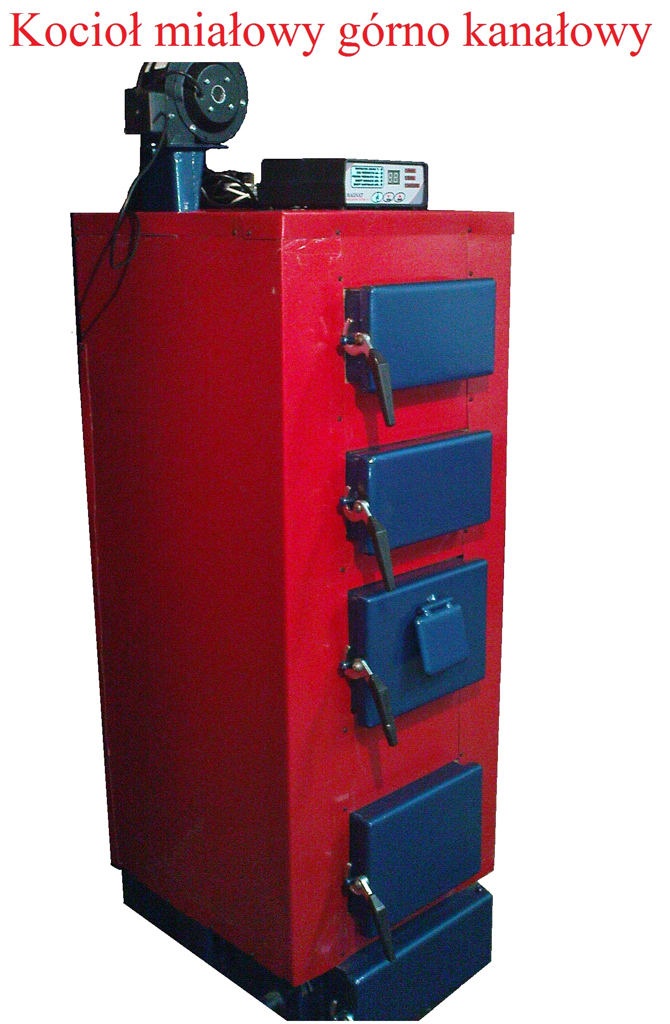 Czerwony, stalowy piec z niebieskimi drzwiczkami i sterownikiem na górze, widok z boku, oświetlenie studyjne.