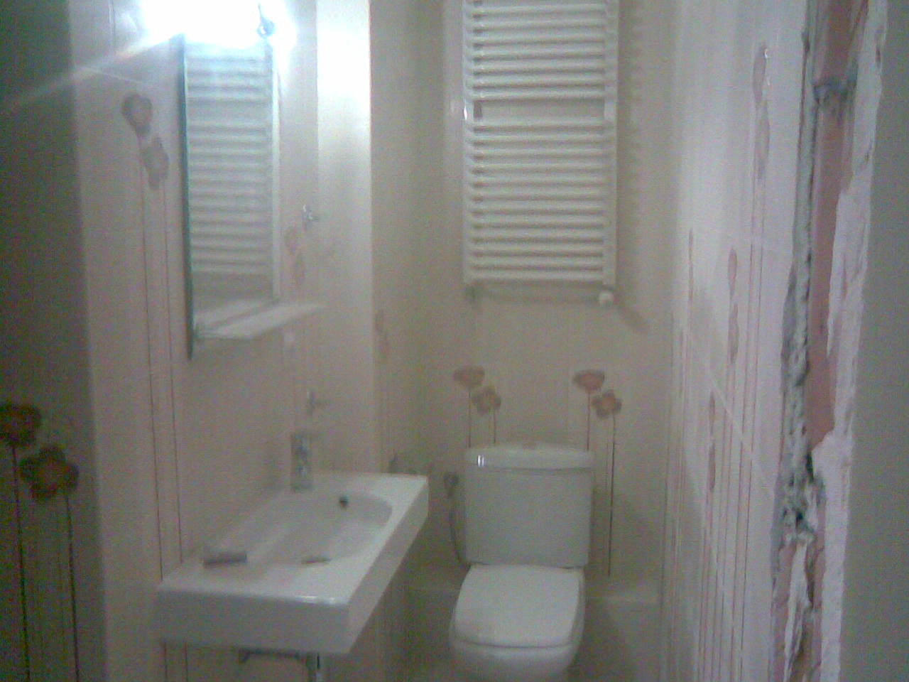 Łazienka w trakcie remontu: widoczna biała umywalka, toaleta i grzejnik drabinkowy na ścianie z pozostałościami po usuniętych płytkach, odsłaniających warstwy podłoża.