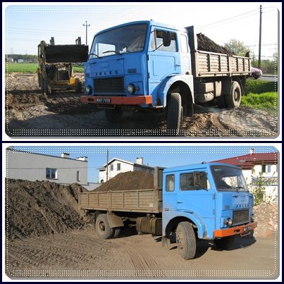 Dwa ujęcia: górne przedstawia wykop pod budowę z pracującą koparką i niebieską ciężarówką Jelcz z ładunkiem ziemi, dolne ukazuje tę samą ciężarówkę obok sterty ziemi i zabudowań w tle.