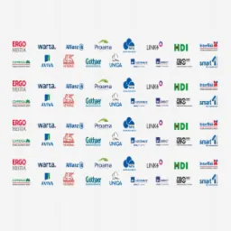 Tło z powtarzającymi się logotypami różnych firm ubezpieczeniowych, w tym Ergo Hestia, Warta, Allianz, Proama, MTU, Link4, HDI, InterRisk, Aviva, Gothaer, Uniqa, Assistance i Direct.