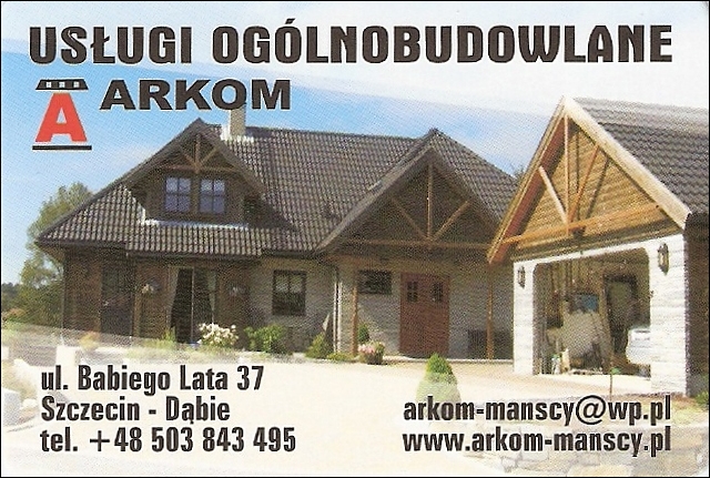 Wizytówka firmy budowlanej Arkom prezentująca dom z garażem, adres i dane kontaktowe.