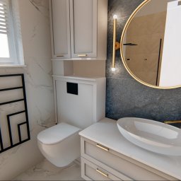 Pil-dom,Paweł Subotkiewicz - Nowoczesna aranżacja łazienki z wiszącą toaletą, umywalką nablatową, okrągłym lustrem z podświetleniem LED i grzejnikiem drabinkowym w kolorze czarnym.