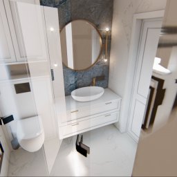 Pil-dom,Paweł Subotkiewicz - Nowoczesna łazienka w bieli i szarości, z okrągłym lustrem podświetlanym LED, umywalką nablatową na szafce z szufladami i toaletą w zabudowie, widziana z perspektywy szerokokątnej.