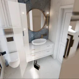 Nowoczesna łazienka w bieli i szarości, z okrągłym lustrem podświetlanym LED, umywalką nablatową na szafce z szufladami i toaletą w zabudowie, widziana z perspektywy szerokokątnej.