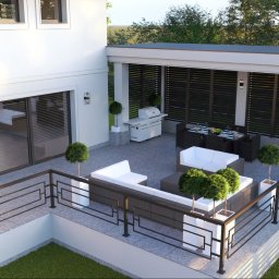 Pil-dom,Paweł Subotkiewicz - Nowoczesny taras z pergolą, meblami ogrodowymi i grillem, widok z góry. Minimalistyczny design, jasne kolory, zadbana zieleń. Elementy dekoracyjne: topiary.