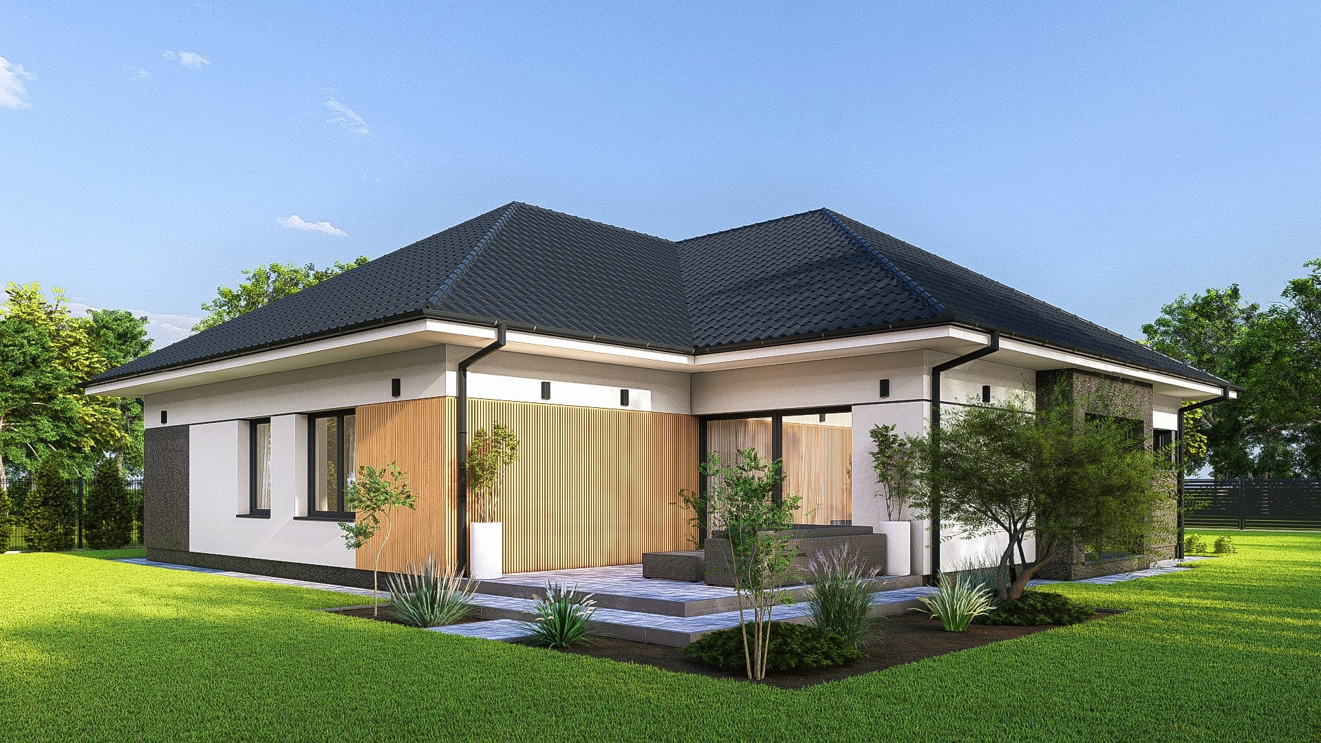 Wizualizacja parterowego domu z czarnym dachem, drewnianą elewacją i tarasem z szarych płyt, otoczonego zielonym trawnikiem i drzewami.