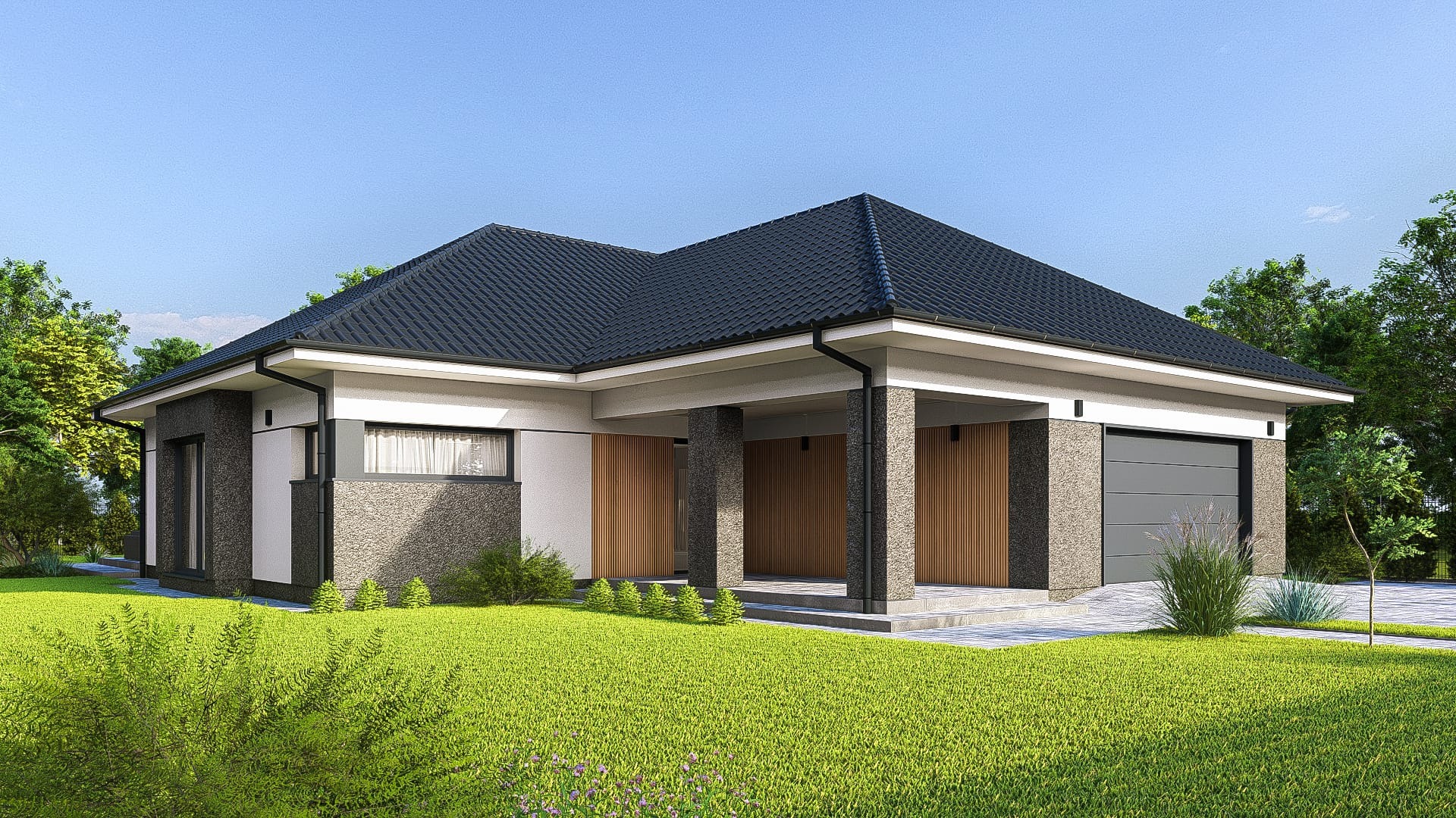 Wizualizacja parterowego domu z ciemną dachówką, jasną elewacją i garażem, otoczonego zielonym trawnikiem i roślinnością.