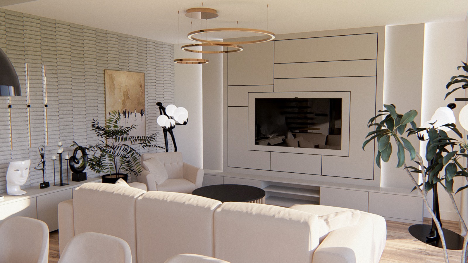 Nowoczesny salon z dekoracyjną ścianą z cegły, minimalistycznymi meblami w odcieniach bieli i beżu, okrągłym stolikiem kawowym i designerskim oświetleniem.