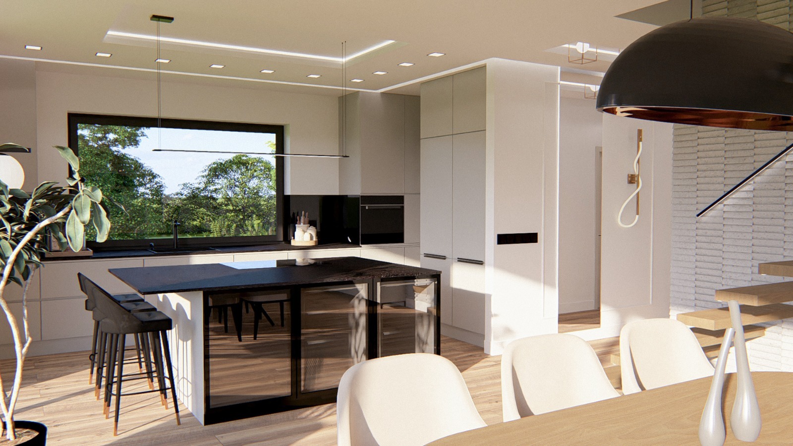 Wnętrze nowoczesnej kuchni z wyspą i dużym oknem z widokiem na zieleń, minimalistyczne białe szafki i krzesła barowe, drewniany stół jadalniany z dekoracyjnymi wazonami, schody z ceglaną ścianą w tle.