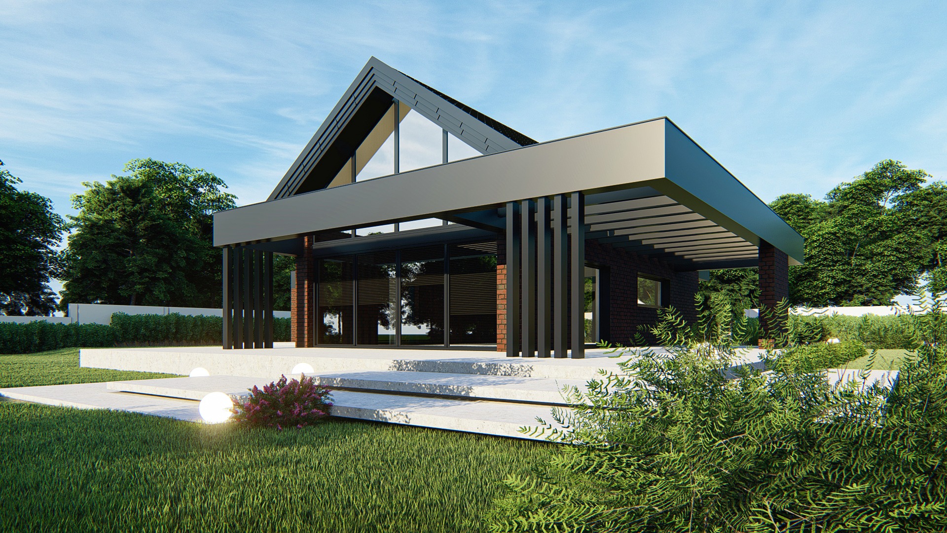 Nowoczesny dom murowany z ciemnej cegły z dużymi oknami, płaskim dachem i oświetlonym tarasem, otoczony zielenią.