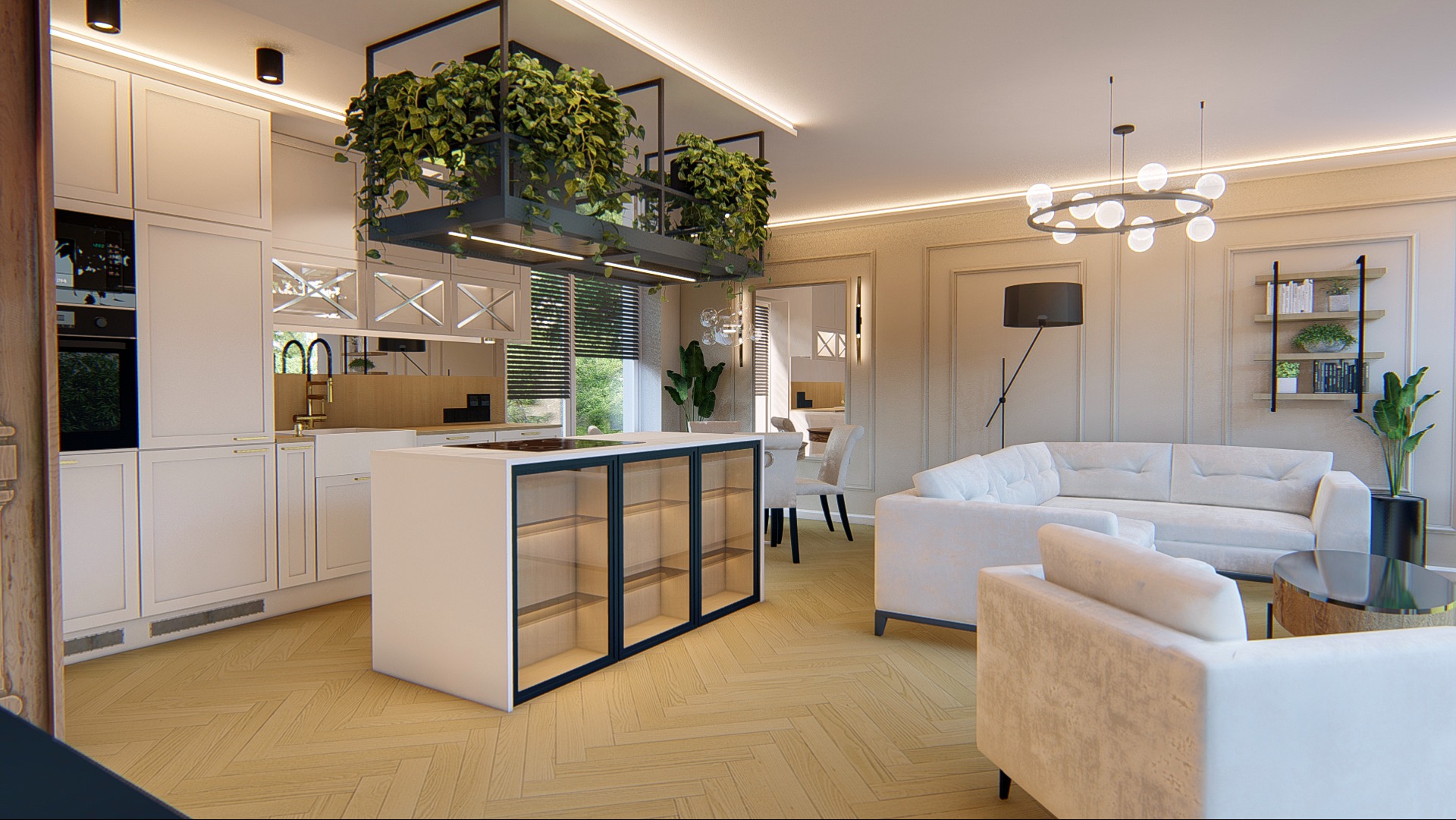 Jasne, przestronne wnętrze domu z otwartą kuchnią, wyspą z przeszklonymi szafkami, parkietem w jodełkę i roślinami wiszącymi nad wyspą.