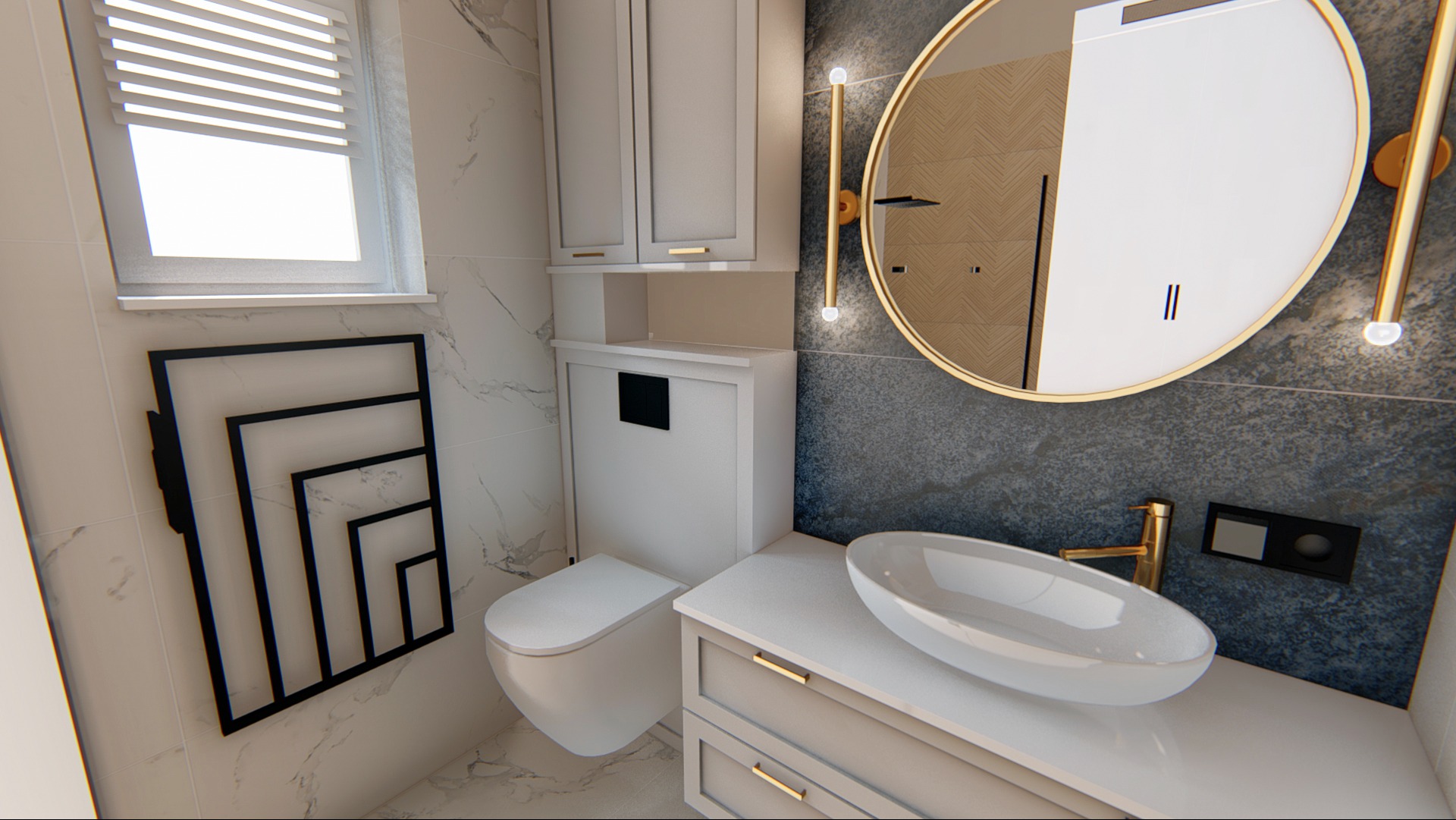 Nowoczesna aranżacja łazienki z wiszącą toaletą, umywalką nablatową, okrągłym lustrem z podświetleniem LED i grzejnikiem drabinkowym w kolorze czarnym.