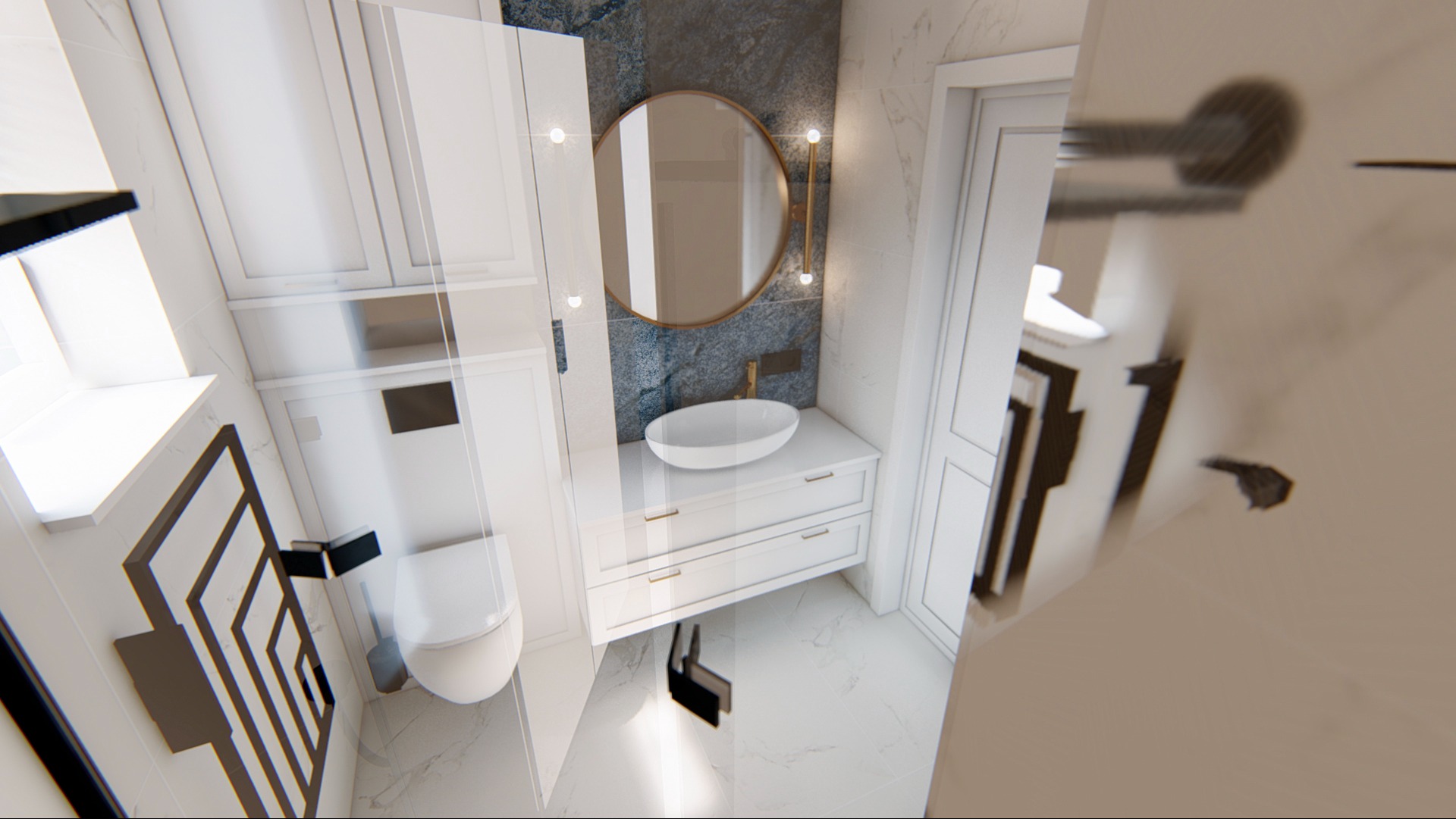 Nowoczesna łazienka w bieli i szarości, z okrągłym lustrem podświetlanym LED, umywalką nablatową na szafce z szufladami i toaletą w zabudowie, widziana z perspektywy szerokokątnej.