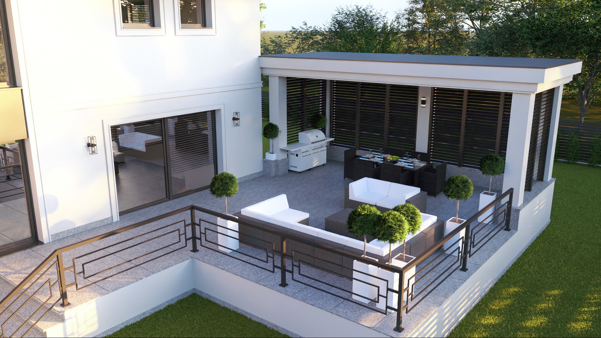 Nowoczesny taras z pergolą, meblami ogrodowymi i grillem, widok z góry. Minimalistyczny design, jasne kolory, zadbana zieleń. Elementy dekoracyjne: topiary.