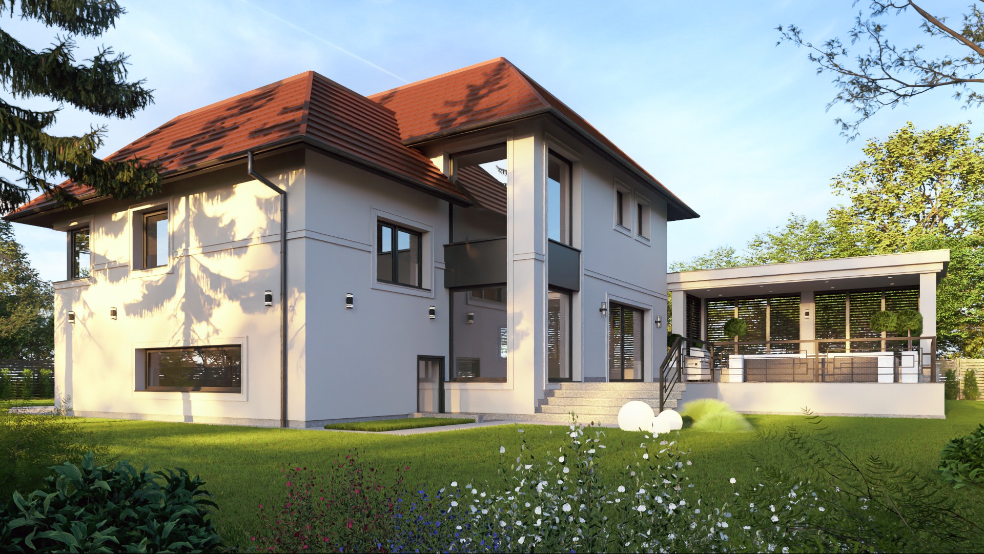 Wizualizacja dwukondygnacyjnego domu z czerwonym dachem, białymi ścianami i dużymi oknami. Widoczny taras i zadbany trawnik z kwiatami. Nowoczesna architektura.
